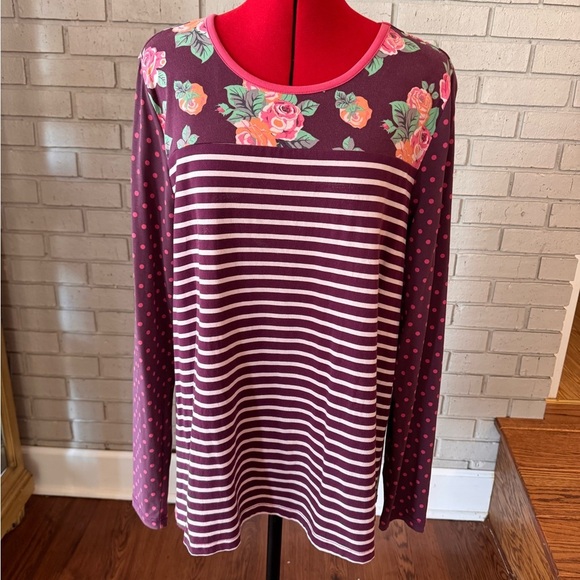 Matilda Jane Tops - Matilda Jane Floral and Striped Burgundy Top size L excellent condition